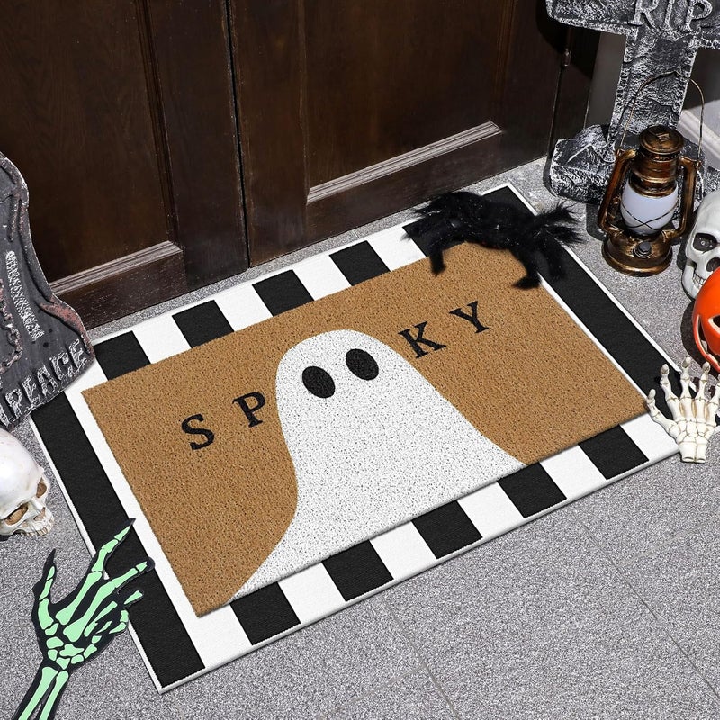 Tinideya 2 Pcs Halloween Doormat Spooky Ghost Outdoor Welcome Mats for Front Door Non Slip Ghost Coir Floor Mat Black White Stripe Halloween Rug for Outside Front Porch Entryway Decor - Image 2